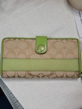 Coach Signature Canvas Wallet with Lime Trim